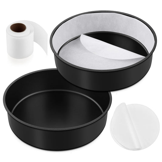 E-far 9.5 Inch Cake Pans Set of 2, Nonstick Stainless Steel Small Round Baking Pans with Parchment Paper & Side Liner Roll, Stainless Steel Core & Non-toxic Coating, Straight Side & 2 Inch Deep - CookCave