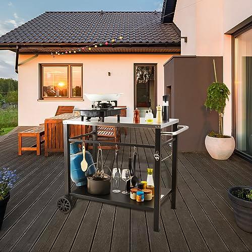 VEVOR Outdoor Grill Dining Cart with Double-Shelf, BBQ Movable Food Prep Table, Multifunctional Stainless Steel Table Top, Portable Modular Carts for Pizza Oven, Worktable with 2 Wheels, Carry Handle - CookCave