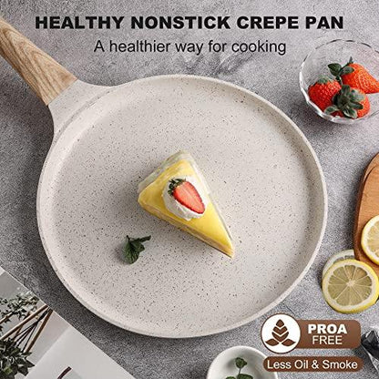 Zalnuuk Crepe Pan, 11 Inch Nonstick Dosa Tawa with Spreader, for All Stove, Tortilla Pan with Detachable Handle, Cream White - CookCave