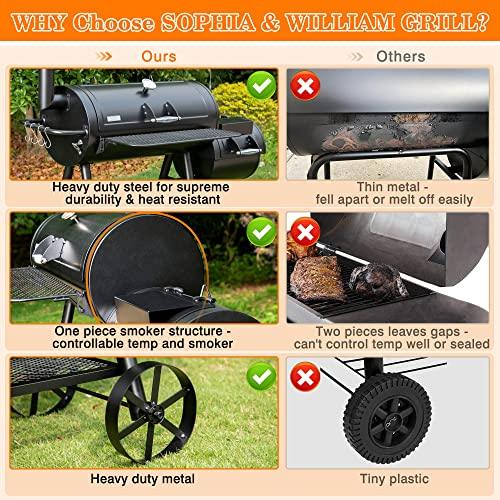 Sophia & William Heavy-Duty Charcoal Smoker Grills Extra Large Outdoor BBQ Gill with Offset Smoker, 941 SQ.IN. Cooking Area with Warming Tray,Push-out Ash Tray for Event Gathering, Black - CookCave