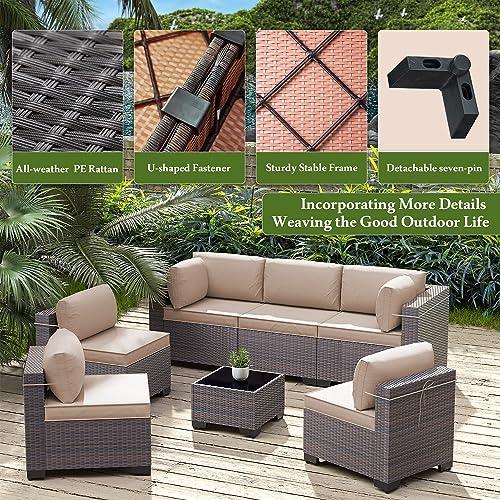 RTDTD Outdoor Patio Furniture Set, 7 Pieces Outdoor Furniture All Weather Patio Sectional Sofa PE Wicker Modular Conversation Sets with Coffee Table,6 Chairs & Seat Clips Brown - CookCave