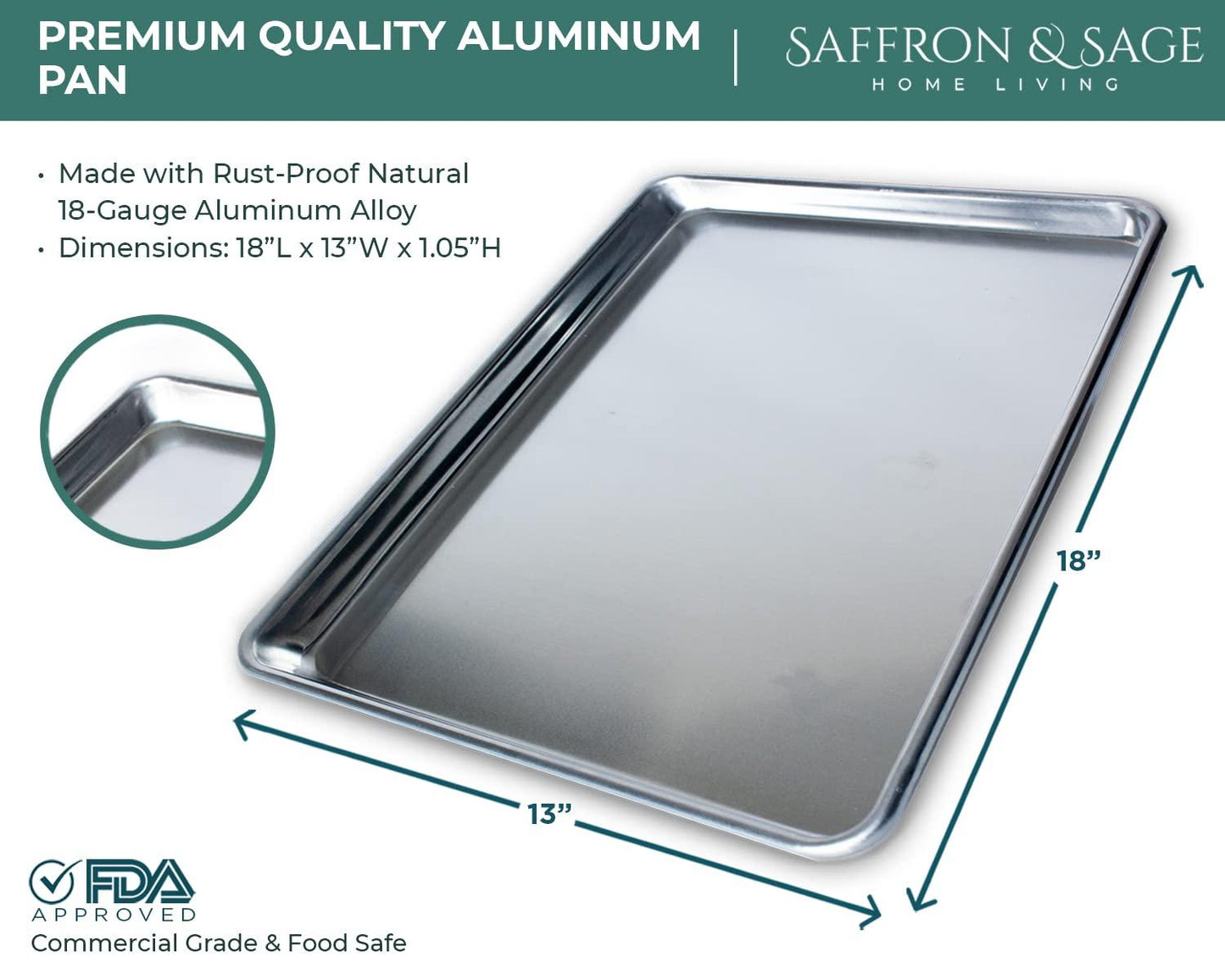 Commercial Quality Cookie Sheet Pan - 2 Pack Aluminum Half Sheet Baking Pan by Saffron & Sage Home Living - This 13x18 Baking Sheet Set is Rust & Warp Resistant, Heavy Duty, of Thick Gauge - CookCave