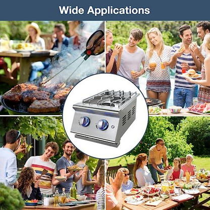 Double Grilling Side Burners for Outdoor Kitchen, 2 * 15,000BTU Liquid Propane Burners, Duty Heavy 304 Stainless Steel, with Natural Gas Kit, Built-in Side Burner for BBQ Island Grill - CookCave