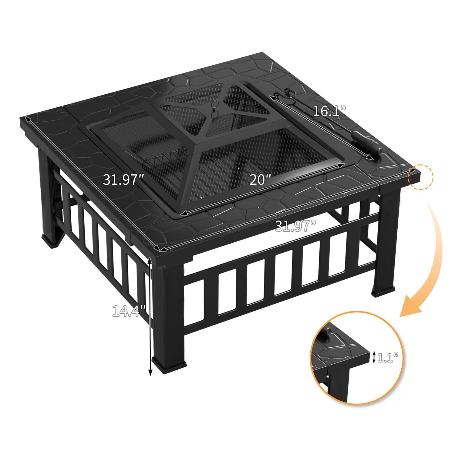 Flamaker Outdoor Fire Pit 32 Inch Patio Square Metal Firepit with Cover Poker & Grate Wood Burning Fireplace Backyard Stove for Outside Heating Camping - CookCave