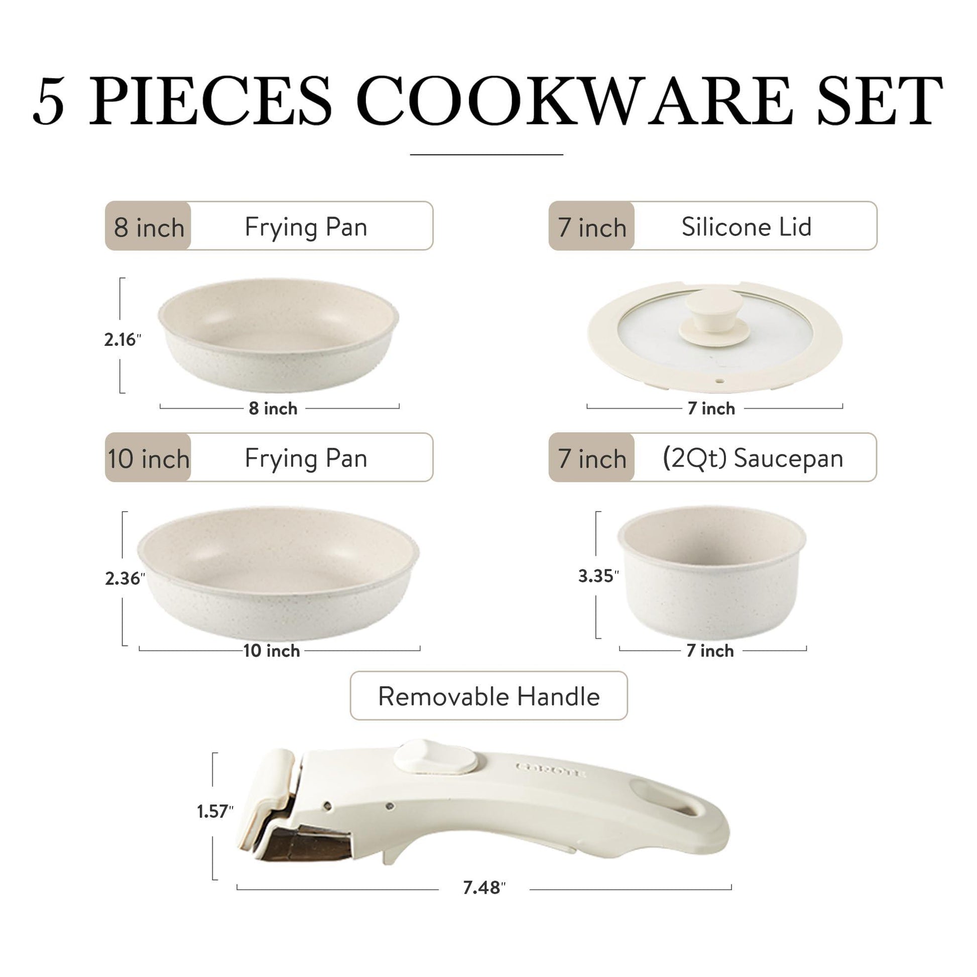 CAROTE Nonstick Cookware Sets, Non Stick Pots and Pans Set Detachable Handle, Kitchen Cookware Sets with Removable Handle, Stackable RV Cookware for Campers, Oven Safe (White 5 PCS) - CookCave