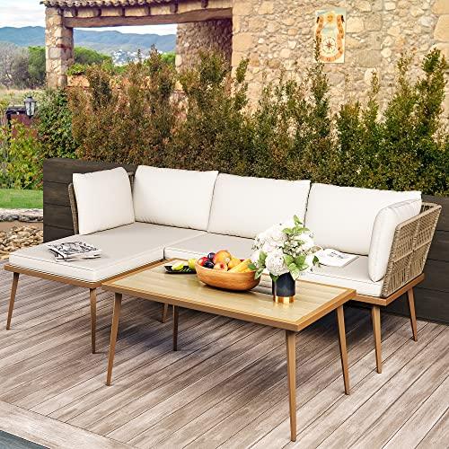 YITAHOME 3 Pieces Patio Furniture Set, Outdoor Rattan Woven Conversation Sectional L-Shaped Sofa with 5 Seater for Backyard, Porch, Boho Detachable Lounger with Cushions and Side Table - Beige - CookCave