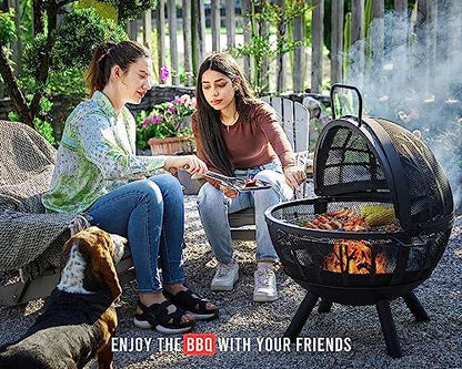 Fissfire 35 Inch Fire Pit Sphere, Outdoor Wood Burning Flaming Ball FirePit with Pivot Spark Screen, Backyard Patio Camping Beach Bonfire Pit - CookCave