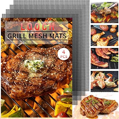 LOOCH Grill mesh mat - Set of 4 Non Stick BBQ Outdoor Grill mats, Heavy Duty, Reusable Grilling mats, Easy to Clean - Works on Gas, Charcoal, Pellet Grill - 15.75 x 13 inch, Black - CookCave