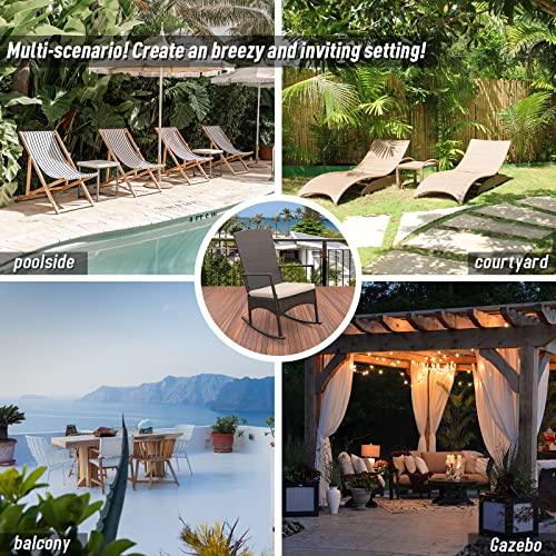 Outdoor PE Wicker Rocking Chair 3-Piece Patio Rattan Bistro Set 2 Rocker Armchair and Glass Coffee Side Table Furniture Washable Lacing Khaki Cushions - CookCave
