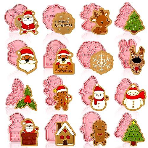 Jspupifip 16 Pack Christmas Cookie Cutter Set, 3D Cookie Cutters for Baking Pink DIY Press Cookie Stamps Molds for Kids Gingerbread Man, Christmas Tree, Snowman, Santa, Snowflake, Merry Christmas - CookCave