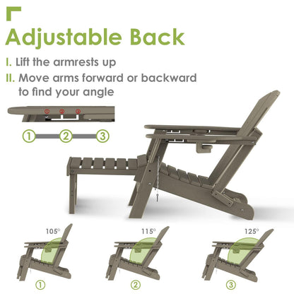 GREENVINES Folding Adirondack Chair with Adjustable Back & Ottoman Set of 2, Wood Grain HDPE All-Weather Poolside Chairs w/Cup Holders & Footrest for Fire Pit Campfire Deck Outdoor, Desert Brown - CookCave