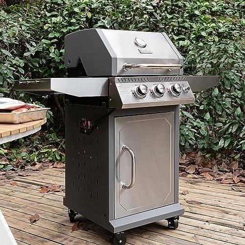 Royal Gourmet GG3001S Stainless Steel 3-Burner Propane Gas Grill, 25,500 BTU Cabinet Style BBQ Gas Grill with Side Tables, Outdoor Cooking Patio Garden Barbecue, Silver - CookCave