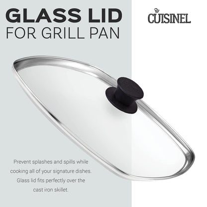 Cuisinel Cast Iron Square Grill Pan + Glass Lid - 10.5" Pre-Seasoned Ridged Skillet + Handle Cover + Pan Scraper - Grill, Stovetop, Fire Safe - Indoor and Outdoor Use - for Grilling, Frying, Sauteing - CookCave