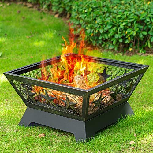 AMAGABELI GARDEN & HOME Fire Pit Outdoor Wood Burning 24in with Fireplace Poker Spark Screen Retardant Mesh Lid Rustproof Bronze - CookCave