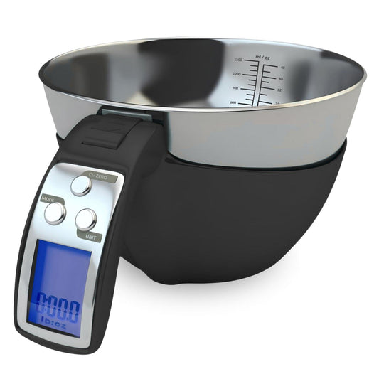 Fradel Digital Kitchen Food Scale with Bowl (Removable) and Measuring Cup - Stainless Steel, Backlight, 11lbs Capacity - Cooking, Baking, Gym, Diet - Precise Measuring (Black) - CookCave