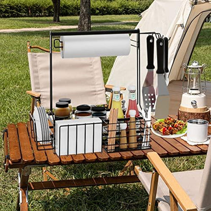 BBQ and Grill Caddy with Paper Towel Holder, Iron Steel Handle & 4 Hooks – Camper Accessories Condiment Caddy – Plates, Cutlery and BBQ Organizer for Camping Outdoor Grilling Tool Accessories - CookCave