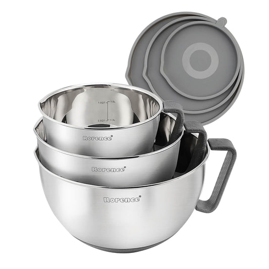 Rorence Mixing Bowls Set: Stainless Steel Non-Slip Bowls with Pour Spout, Handle and Lid - Set of 3 - Gray - CookCave