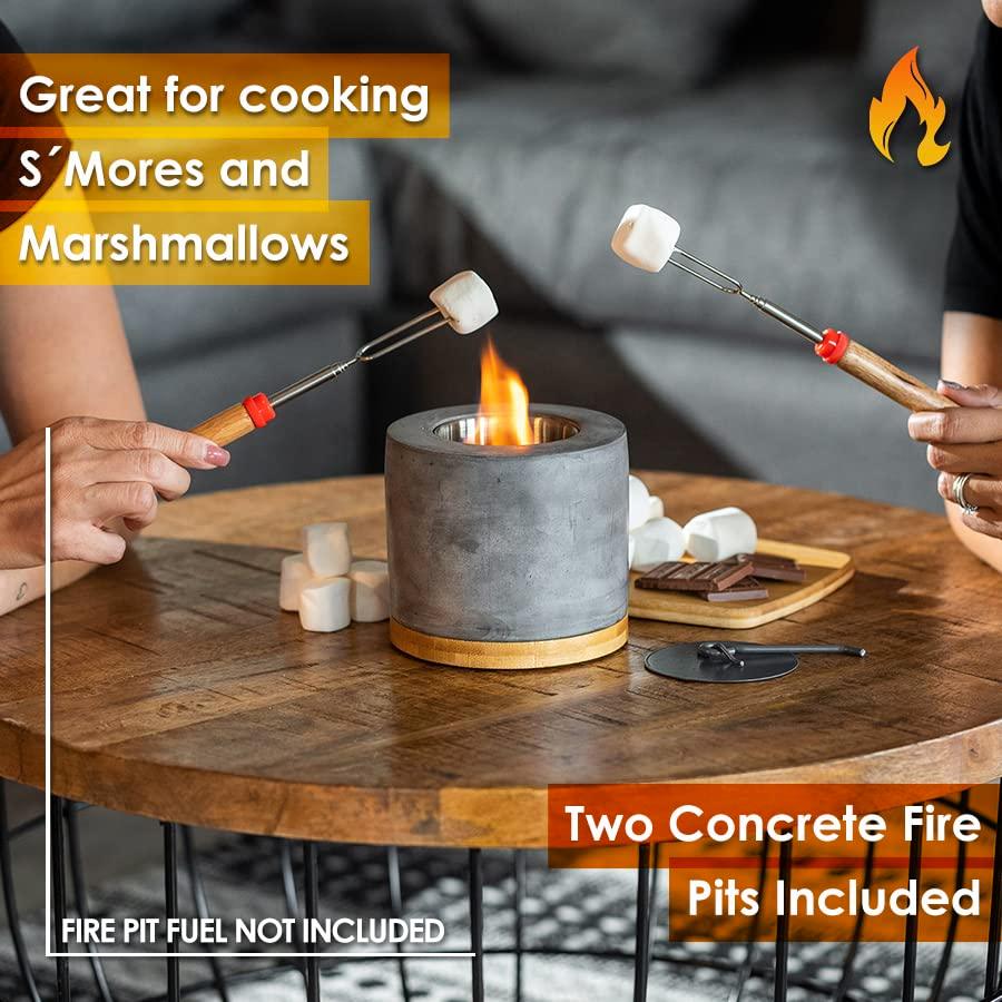 2 Pack Gardenix Decor Concrete Tabletop Fire Pit with Bamboo Base; Burns Ethanol and Multiple Fuels; 2 Extending Marshmallow Roasting Stick Forks; Table Top Fire Pit Bowl/Mini Tabletop Fireplace - CookCave