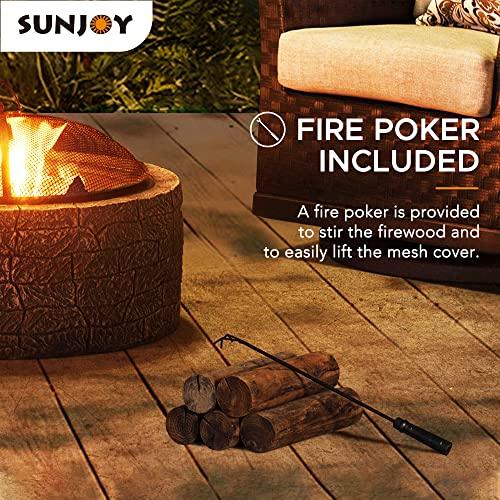 Sunjoy 26 in. Stone Fire Pit, Patio Outdoor Round Wood Burning Fire Pits for Outside with Spark Screen and Poker, Brown & Black - CookCave