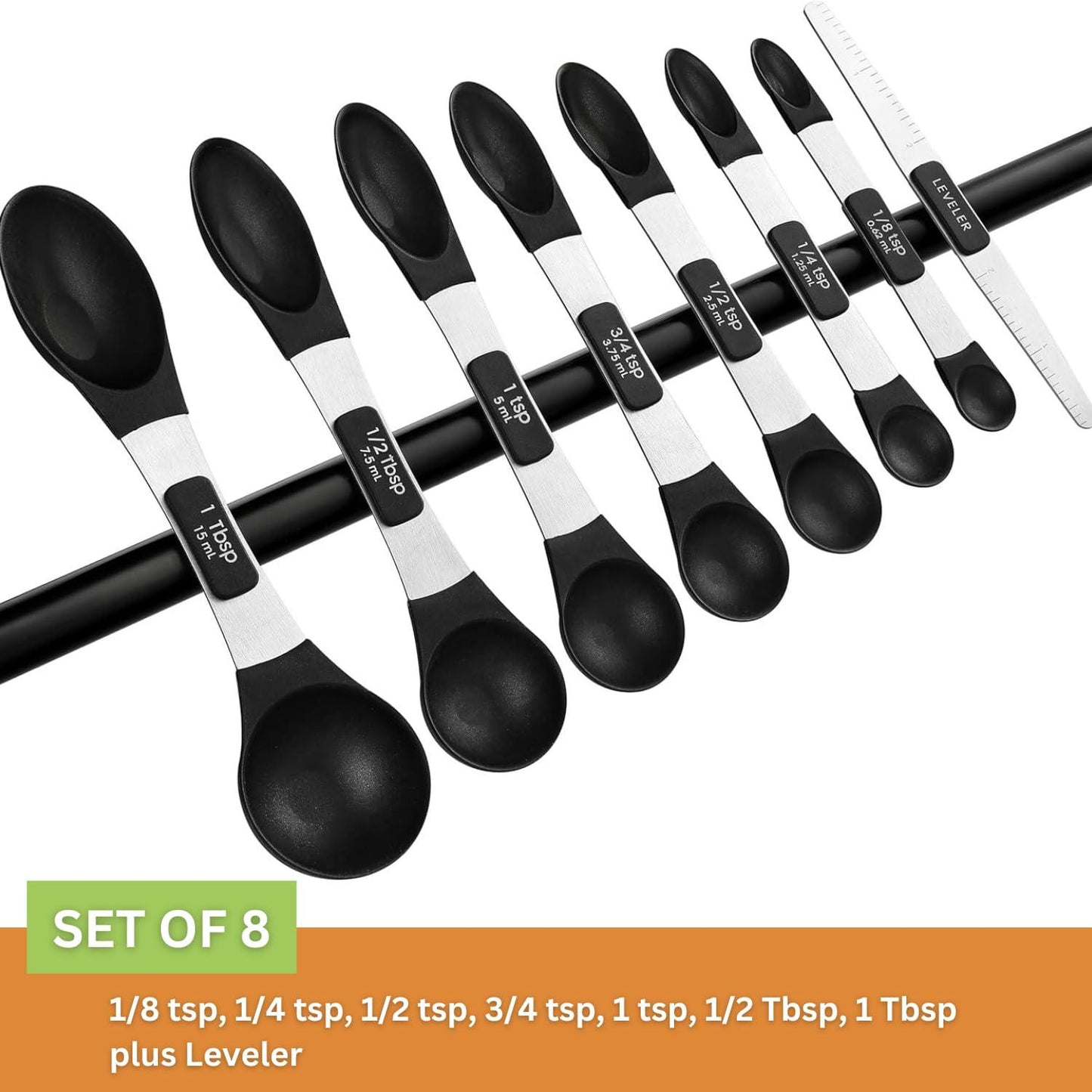 Spring Chef Magnetic Measuring Spoons Set, Dual Sided and Lightweight, Stainless Steel Metal & BPA Free Plastic, Fits in Most Kitchen Spice Jars for Baking & Cooking, Black, Set of 8 with Leveler - CookCave