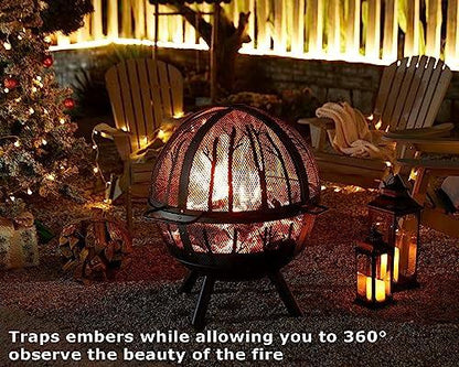 Fissfire 35 Inch Fire Pit Sphere, Outdoor Wood Burning Flaming Ball FirePit with Pivot Spark Screen, Backyard Patio Camping Beach Bonfire Pit - CookCave