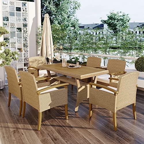WOXYX 7-Piece Outdoor Patio All Weather PE Rattan Dining Table Set with Wood Tabletop and Cushions for 6, White - CookCave