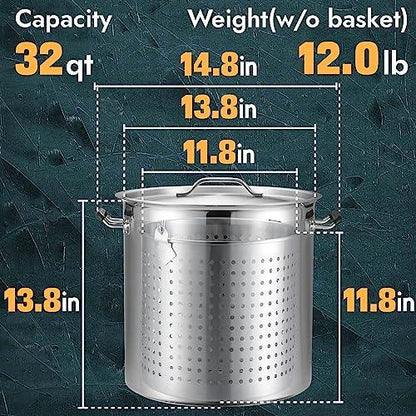 CURTA 32 Quart Large Stock Pot with Lid and Basket, NSF Listed, 3-Ply 18/8 Stainless Steel Cooking Pot, Commercial Cookware for Soup, Stew & Sauce, Riveted Silicone Handle - CookCave