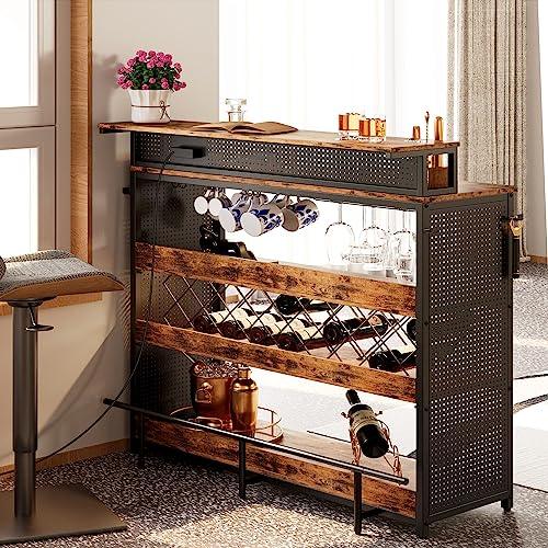 IRONCK Bar Cabinet with LED Lights and Charging Station, Home Bar Unit 4 Tiers with Wine Racks, Glass Holders, Industrial Storage Buffet Cabinet for Kitchen, Dining Room, Living Room - CookCave