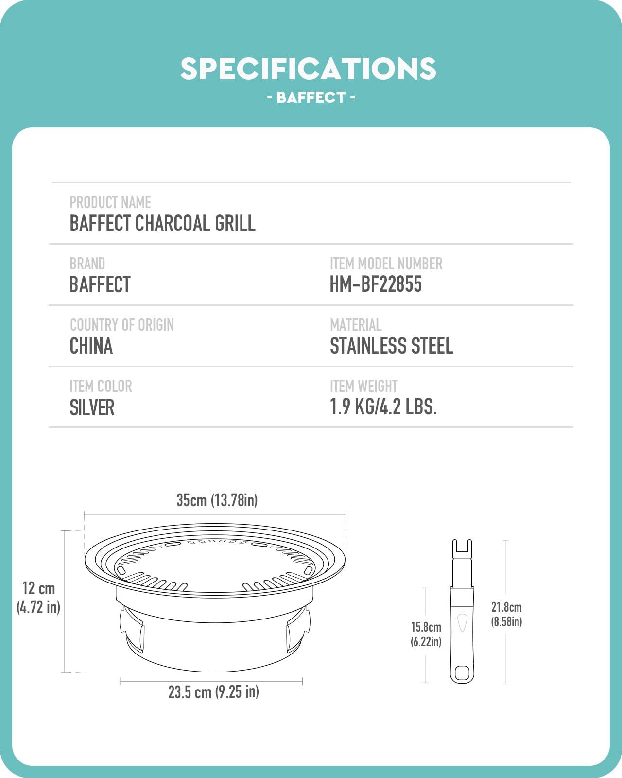 Baffect BBQ Charcoal Grill, 13.7 inch Non-stick Stainless Steel Korean Barbecue Grill, Portable Charcoal Stove for Outdoors Camping Picnic and Indoor Party Cooking - CookCave