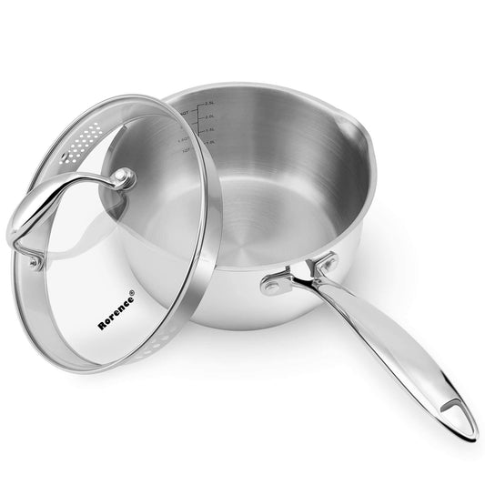 Rorence 3-Quart Saucepan with Lid: Pour and Strain Stainless Steel Sauce Pan with Pour Spouts, Capsule Bottom & Tempered Glass Lid - CookCave