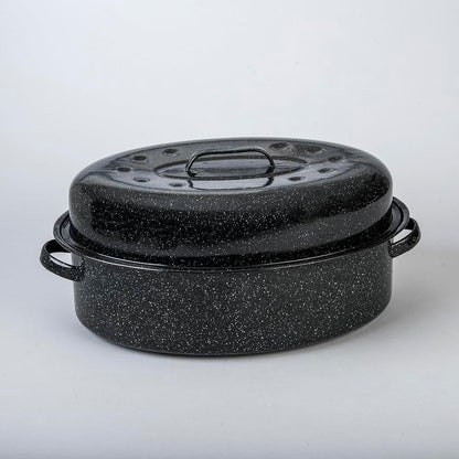 Granite Ware 19 inch oval roaster with Lid design to accommodate up to 20 lb poultry/roast. Resists up to 932°F - CookCave