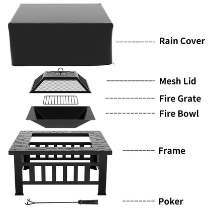 Greesum Multifunctional Patio Fire Pit Table, 32in Square Metal BBQ Firepit Stove Backyard Garden Fireplace with Spark Screen Lid and Rain Cover for Camping, Outdoor Heating, Bonfire and Picnic, Black - CookCave