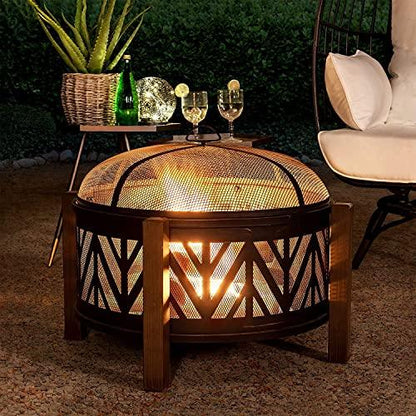 Sunjoy 27 in. Large Fire Pits for Outside Round Wood-Burning Fire Pit, Outdoor Patio Steel Bowl Shape Fire Pit with Mesh Spark Screen and Poker Tool - CookCave