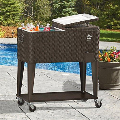 80 Quart Qt Rolling Cooler Ice Chest Cart for Outdoor Patio Deck Party, Dark Brown Wicker Faux Rattan Tub Trolley, Portable Backyard Party Drink Beverage Bar, Wheels with Shelf & Bottle Opener - CookCave