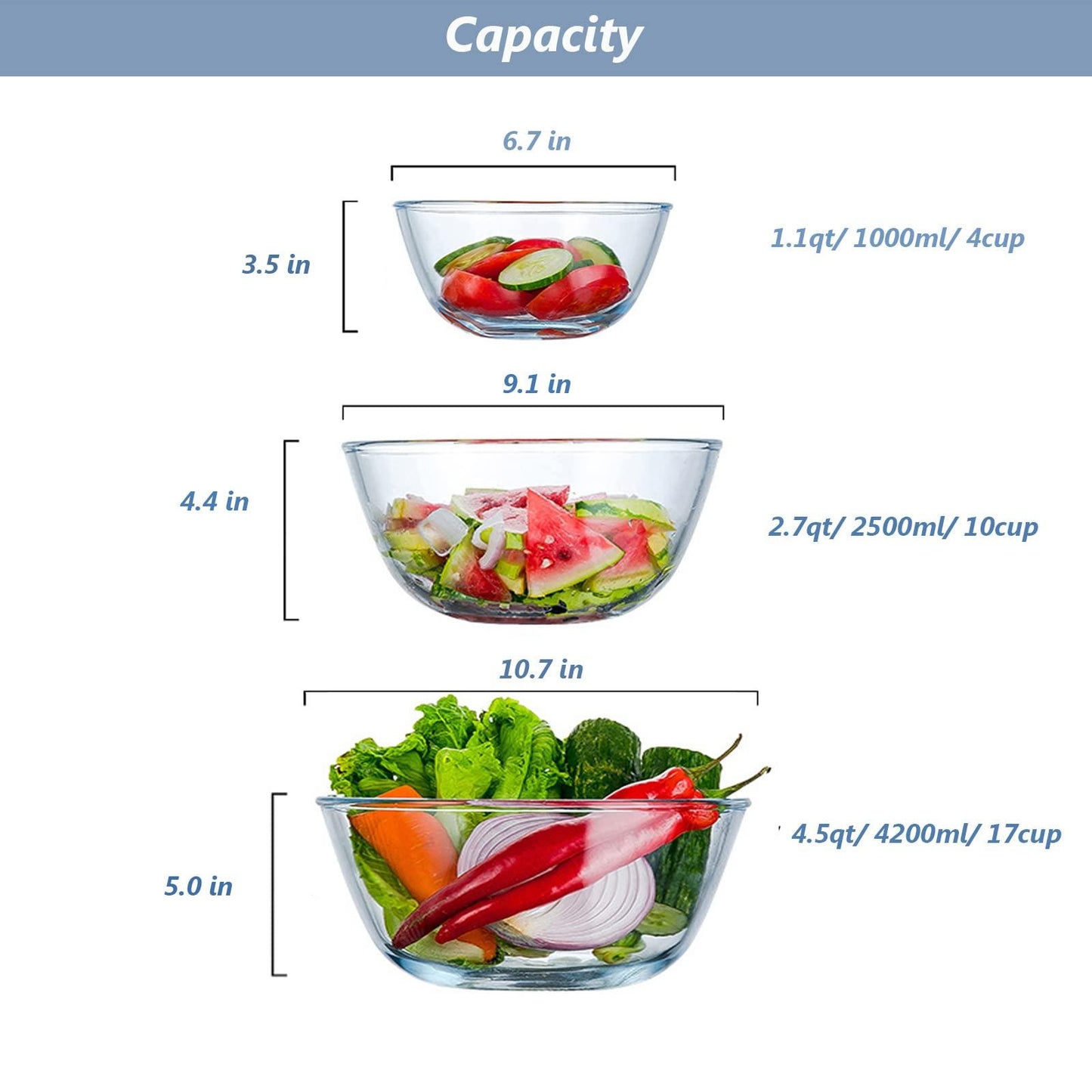 WhiteRhino Glass Mixing Bowls with Lids Set of 3（4.5QT,2.7QT, 1.1QT, Large Kitchen Salad Bowls, Space-Saving Nesting Bowls, Round Glass Serving Bowls for Cooking,Baking,Prepping,Dishwasher Safe - CookCave