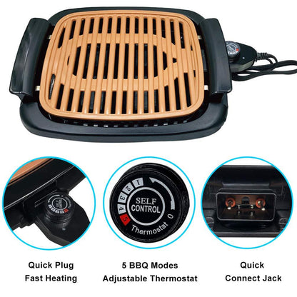 Nonstick Electric Indoor Smokeless Grill - Portable BBQ Grills with Recipes, Fast Heating, Adjustable Thermostat, Easy to Clean, 21" X 11" Tabletop Square Grill with Oil Drip Pan, Black - CookCave