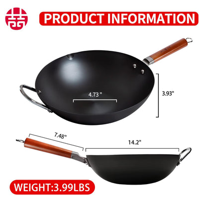 WANGYUANJI Carbon Steel Wok,14.2" Wok Pan with Lid, Woks & Stir-Fry Pans No Chemical Coated Wok for Induction, Electric, Gas, Halogen All Stoves-Practical Gift Flat Bottom Iron Wok - CookCave