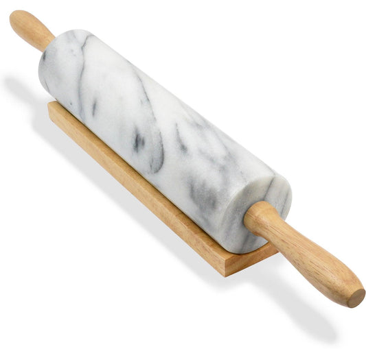 Greenco Hand Crafted Nonstick Marble Rolling Pin with Wood Handles on Wooden Board Resting Base | Dough, Pastry, Bread, Tortilla, and Pizza Roller Pins | Baking and Kitchen Supplies - CookCave