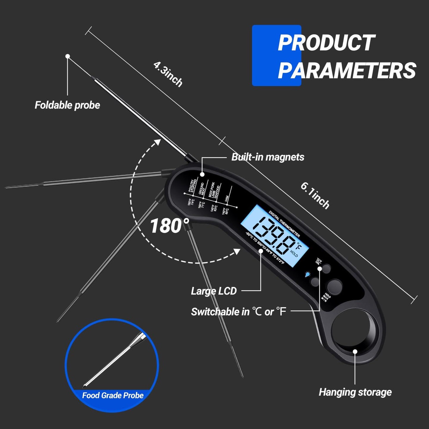 Meat Thermometer Digital, Instant Read Meat ThermometerI for Grill and Cooking, IP66 Waterproof Food Thermometer for Kitchen and Outside, BBQ, Turkey, Candy, Liquids, Beef - CookCave