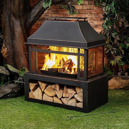 Deko Living Outdoor Wood Burning Fireplace with Wood Storage and Removable Fire Grill - 40 Inch Large Metal Wicker Base Fire Pit for Patio Garden Deck Backyard, Black - CookCave