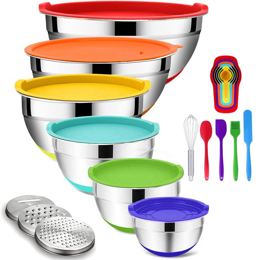 Mixing Bowls with Airtight Lids, 20PCS Stainless Steel Set, Nesting 3 Grater Attachments & Non-Slip Bottoms, Size7, 4, 3, 2, 1.5, 1QT for Baking&Prepping - CookCave