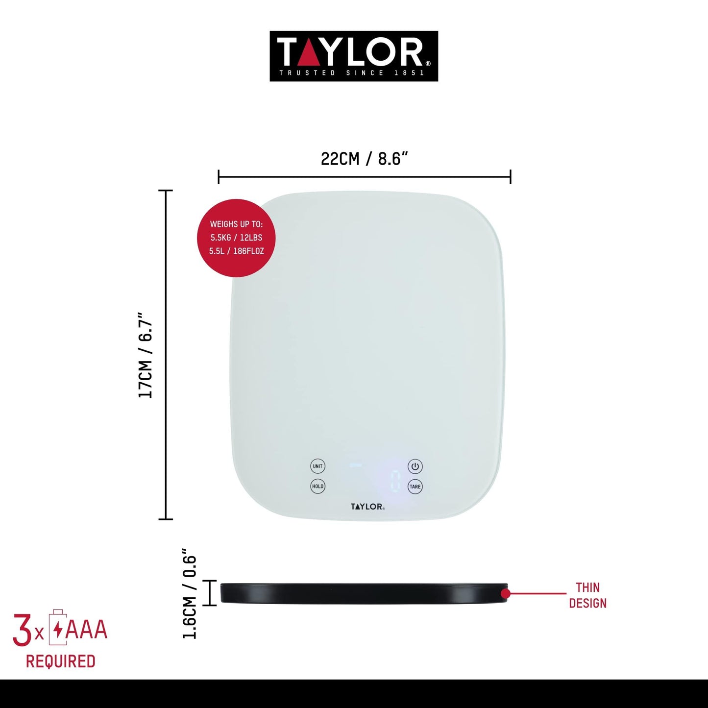 Taylor Pro Digital Kitchen Food Scales, Compact Professional Standard with Precision Accuracy and Waterproof Design with Tare Feature, White Glass, Weighs 14 kg/14 L Capacity - CookCave