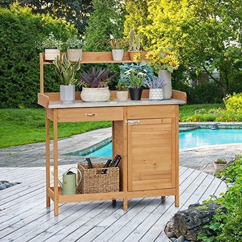 Topeakmart Outdoor Potting Bench Table Work Station Garden Planting with Cabinet & Drawer & Top Shelf & Lower Shelf Natural Wood - CookCave