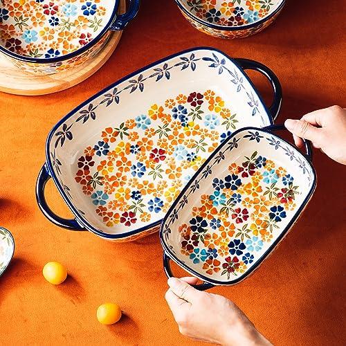 ONECCI Retro pastoral style Ceramic Baking Dish Rectangular Bakeware Set Baking Pan, 2-piece Hand-painted Porcelain Baking pan with handle, Casserole Dish for Oven/Cooking/Kitchen (Colorful Flower) - CookCave