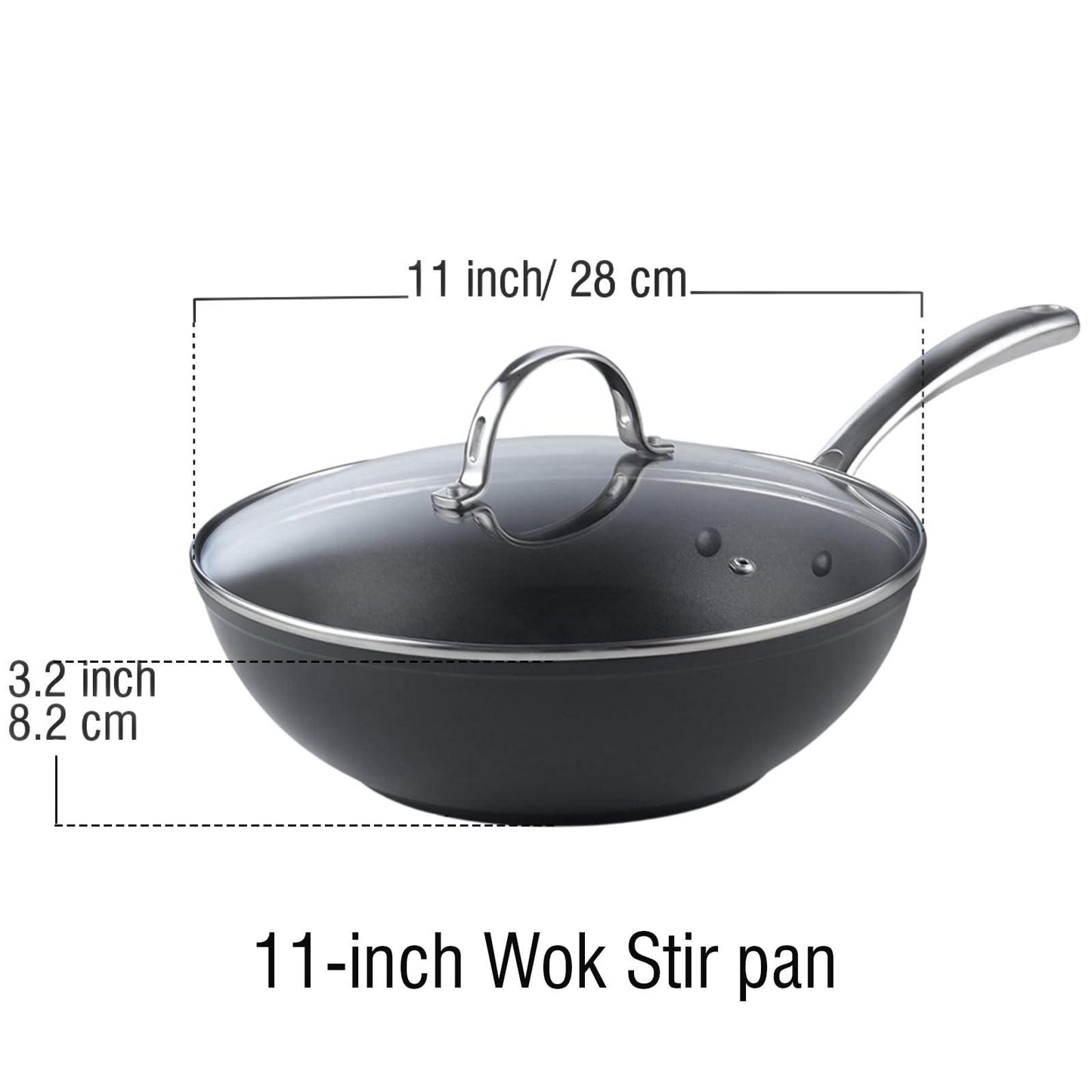 Cooks Standard Nonstick Stir-Fry Wok Pan 11-Inch, Hard Anodized Deep Frying Pan with Glass Lid, Flat Bottom, Black - CookCave