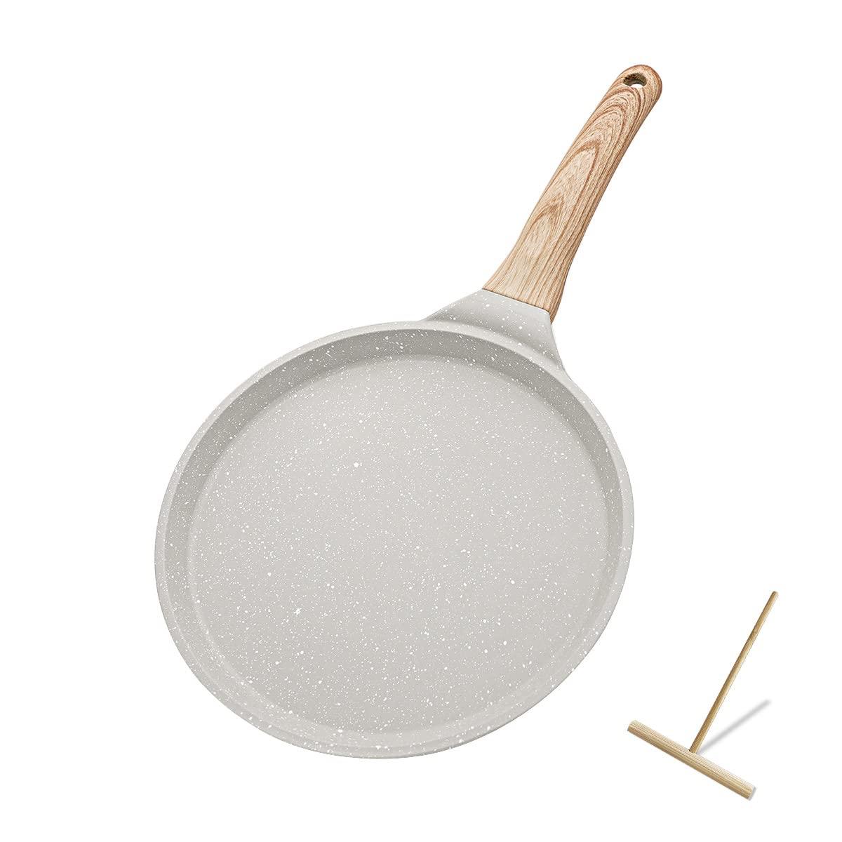 Bobikuke Nonstick Crepe Pan with Spreader, 8 Inch Flat Pan for Roti Indian Griddle Pan Dosa Pan, Tawa Dosa Tortilla Pan Induction Compatible - White - CookCave