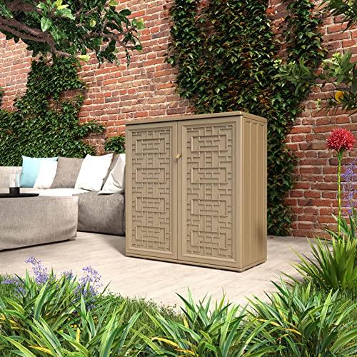 HOMSPARK Medium Resin Storage Cabinet Waterproof, 60-Gallon Indoor & Outdoor Deck Box for Garden Tools, kitchen Accessories, with 1 Laminate Shelf, (34 in. L x 15 in. W x 36 in. H, Coffee) - CookCave
