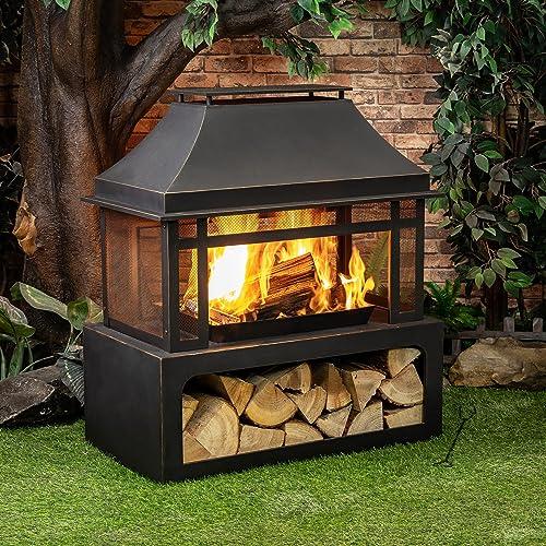 Deko Living Outdoor Wood Burning Fireplace with Wood Storage and Removable Fire Grill - 40 Inch Large Metal Wicker Base Fire Pit for Patio Garden Deck Backyard, Black - CookCave