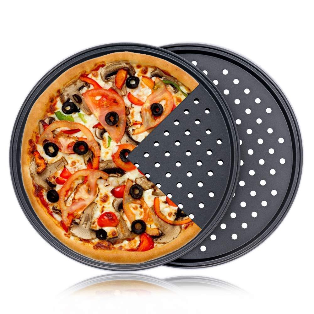 Destinymd Pizza Pan With Holes, 2 Pack Carbon Steel Perforated Non-Stick Tray Tool Crispy 12inch Round for Home Kitchen, Dark Gray - CookCave