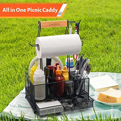 Lorbro Large Grill Utensil Caddy with Drawer, Picnic Camping Caddy with Paper Towel Holder, BBQ Organizer for Grilling Tool, Ideal Organizer for Picnic Condiment and Outdoor Griddle Accessories - CookCave